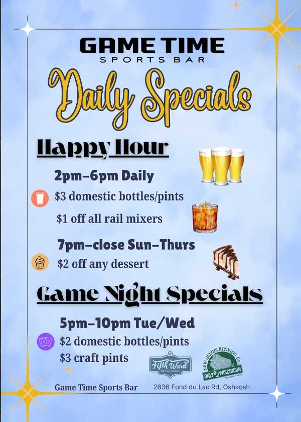 Daily Specials at Game Time Sports Bar in Oshkosh WI 