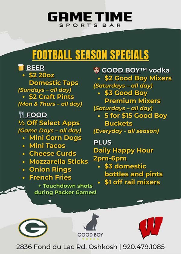 Gametime Sports Bar in Oshkosh Football Specials